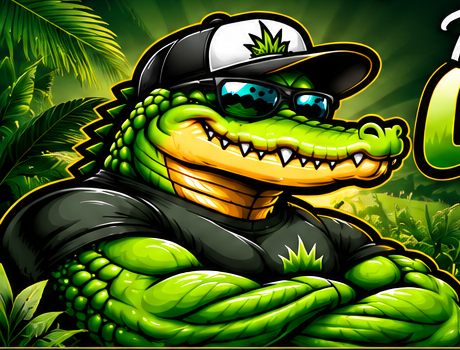Green Gator mascot wearing sunglasses and a cap